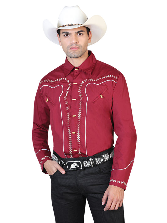 Camisa Charro Manga Larga Borgoña y Blanca 42550