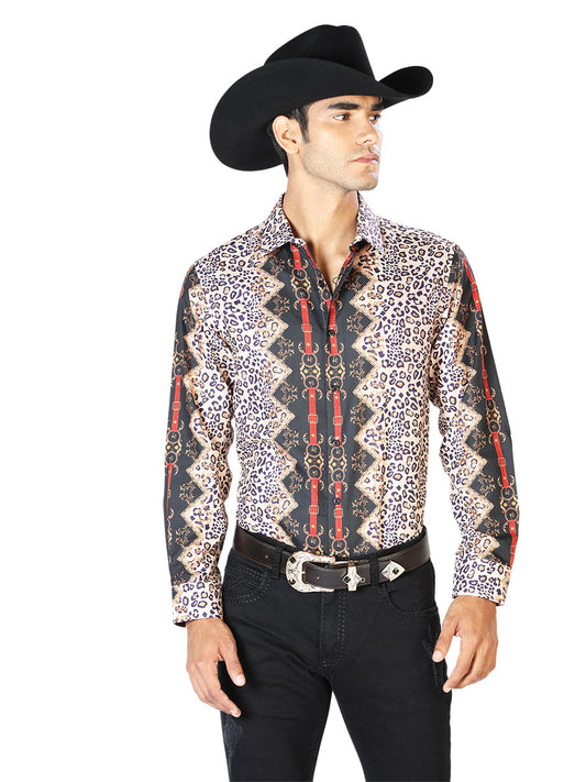 Camisa informal de manga larga negra y leopardo 43557