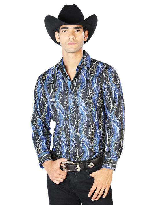 Camisa casual de manga larga negra y azul 43560