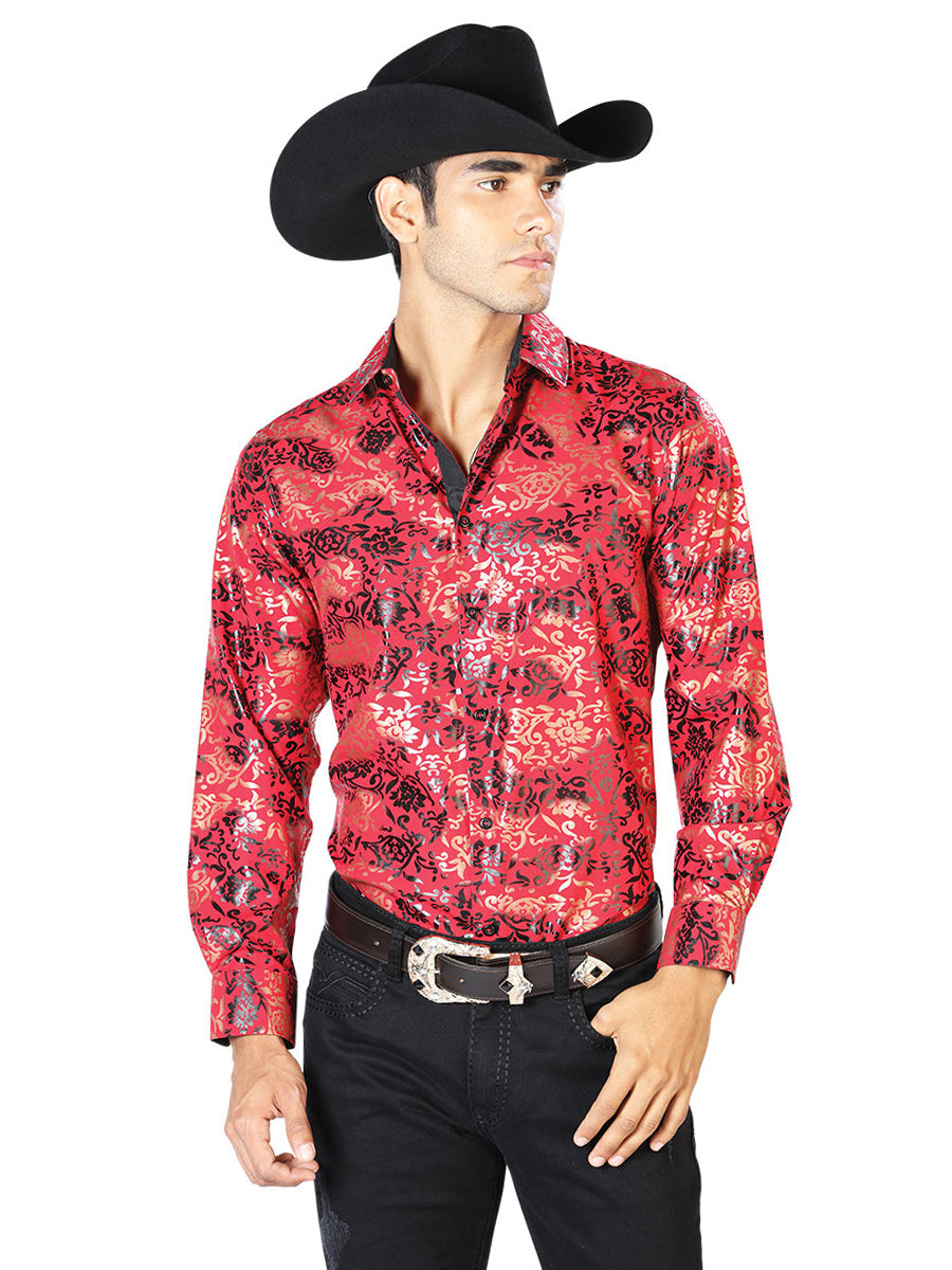 Camisa informal de manga larga roja y dorada 43572