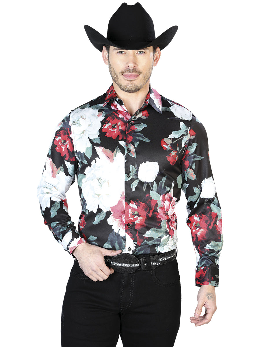 Camisa informal de manga larga con flores en blanco y negro 43670