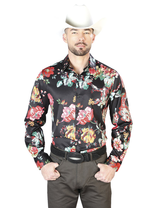Camisa informal de manga larga negra con rosas rojas 43675