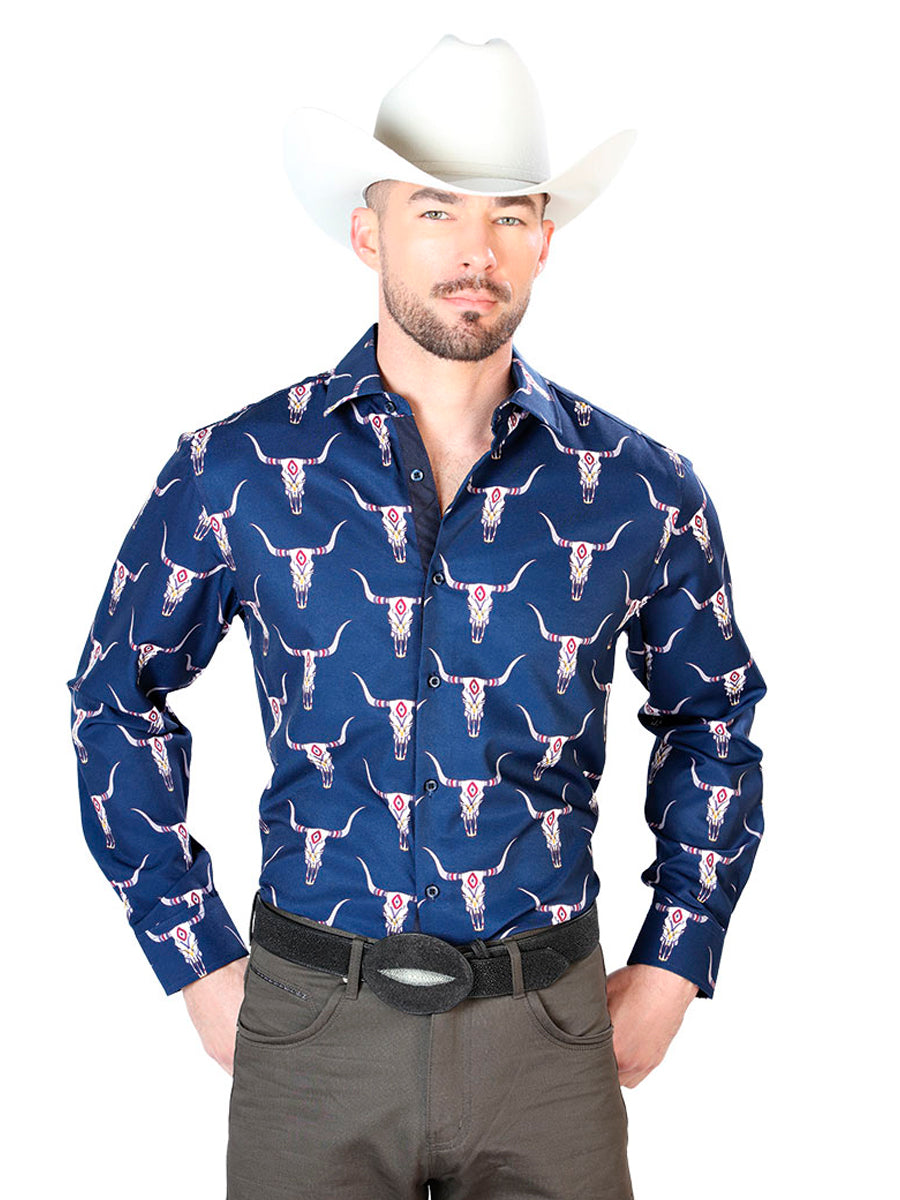 Camisa informal de manga larga con estampado de toro azul 43698