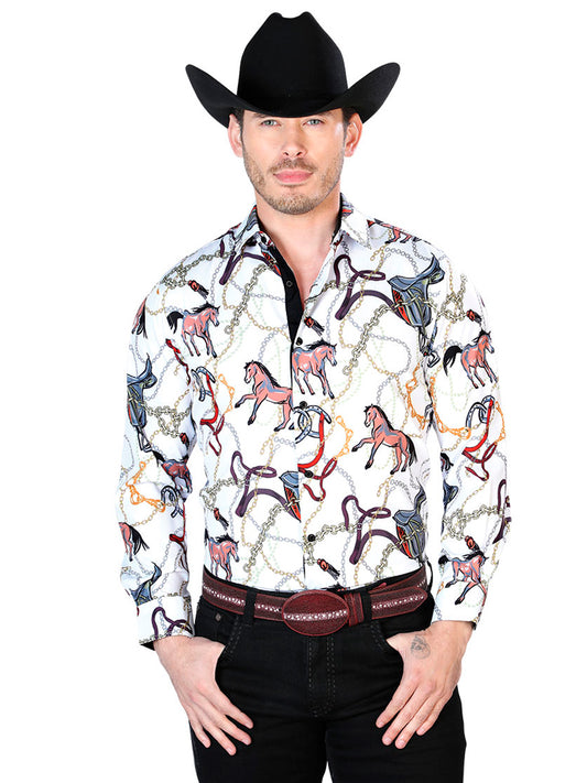 Camisa informal de manga larga con estampado de caballo blanco roto 43701
