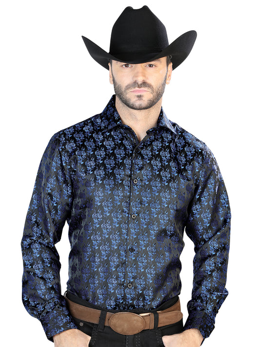 Camisa casual de manga larga negra y azul 43707