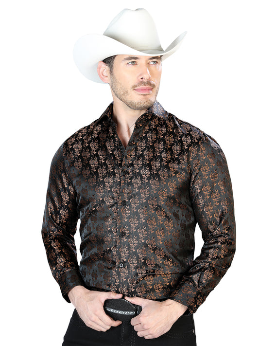 Camisa casual de manga larga negra y dorada 43759