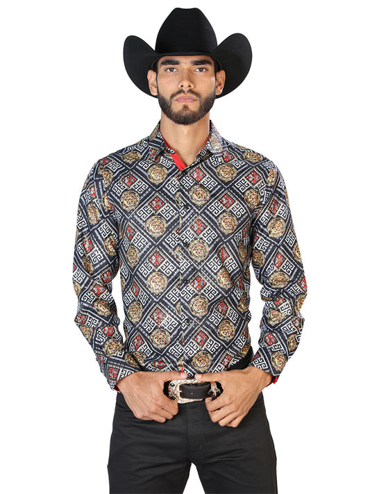 Camisa casual de manga larga negra y dorada 43798