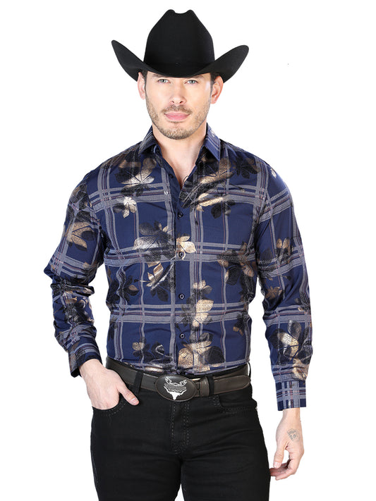 Camisa vaquera azul marino de manga larga estilo western 43837
