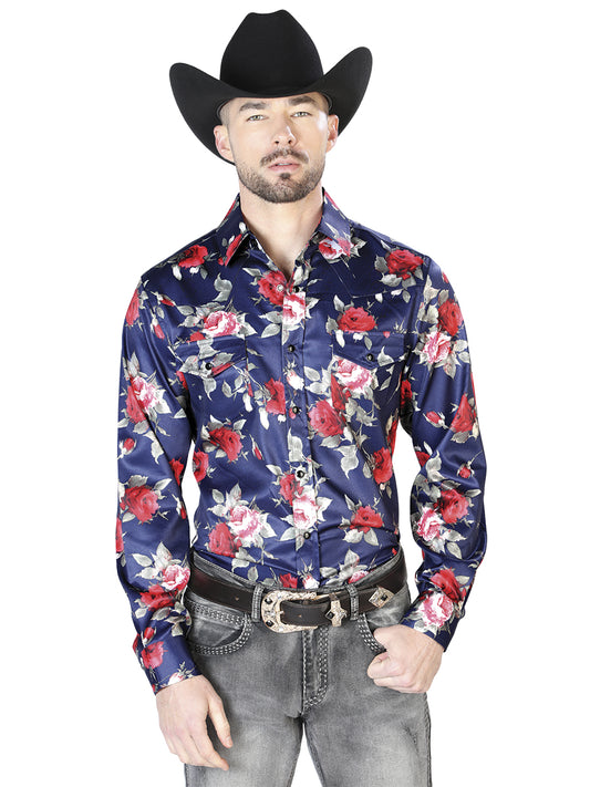 Camisa informal de manga larga con estampado de flores azules 43937