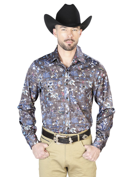 Camisa informal de manga larga con estampado floral azul marino 43953
