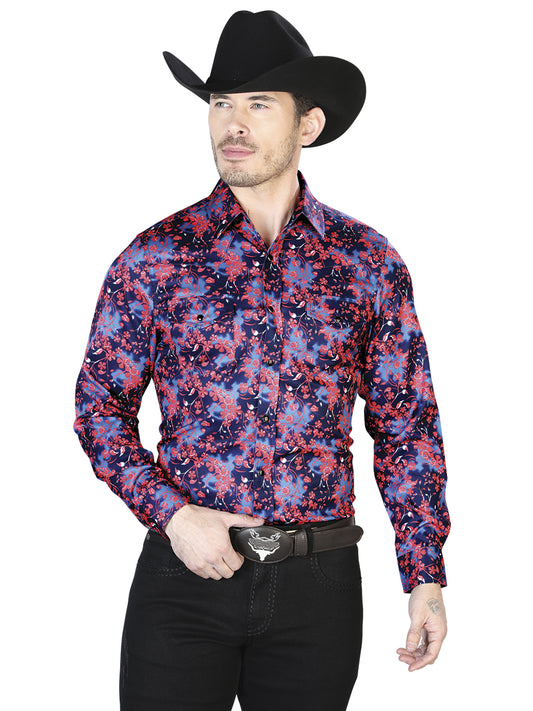 Camisa casual de manga larga azul y roja 43956