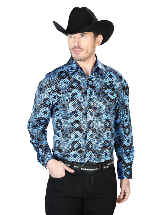 Camisa casual de manga larga con estampado azul 43963