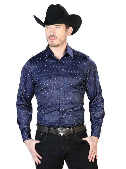 Camisa informal de manga larga azul marino y blanca 43965