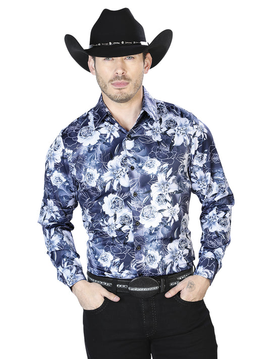 Camisa informal de manga larga con estampado floral azul marino 43990