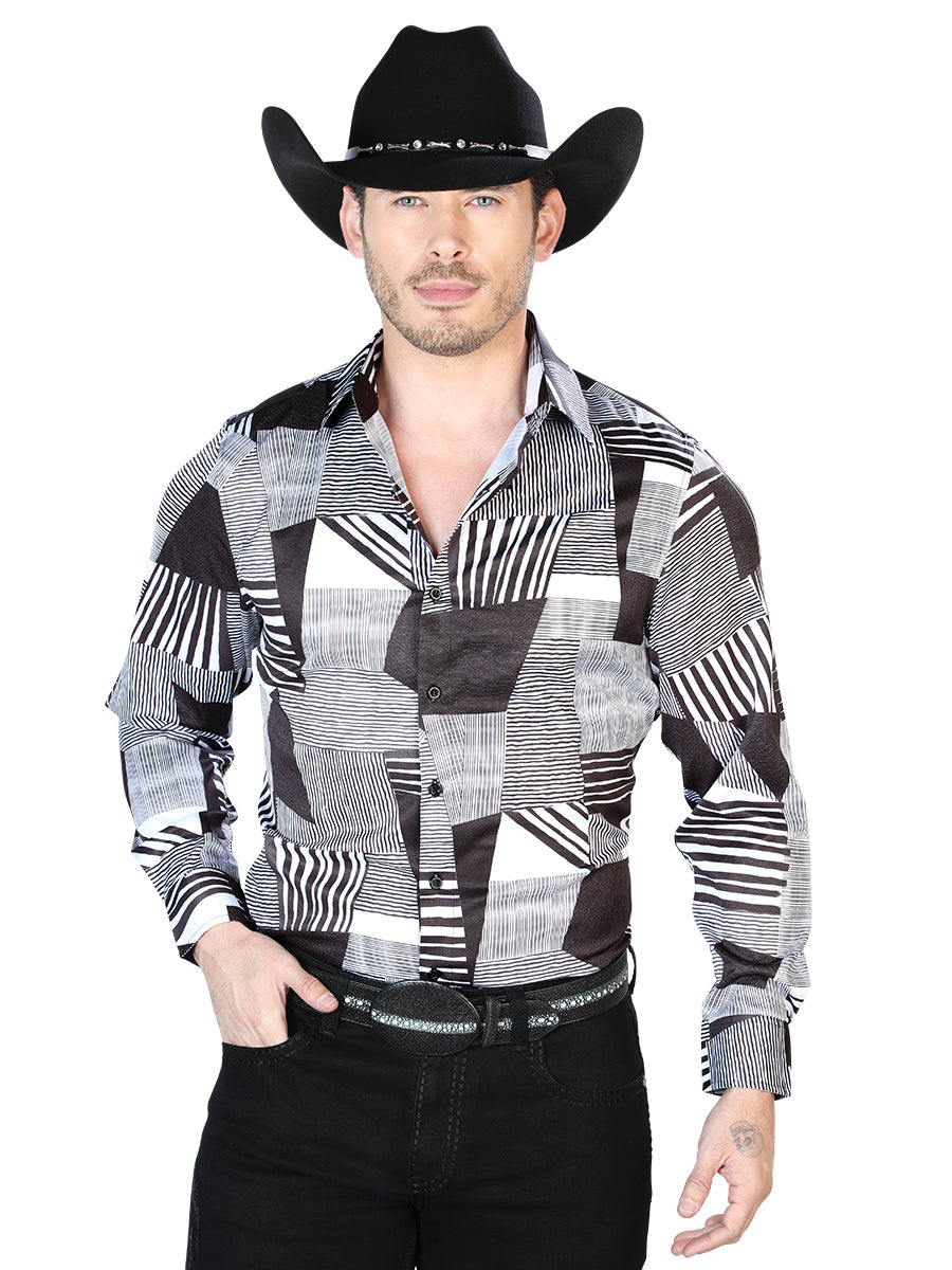 Camisa informal de manga larga en blanco y negro 43991