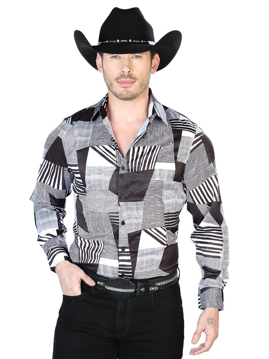 Camisa informal de manga larga en blanco y negro 43991