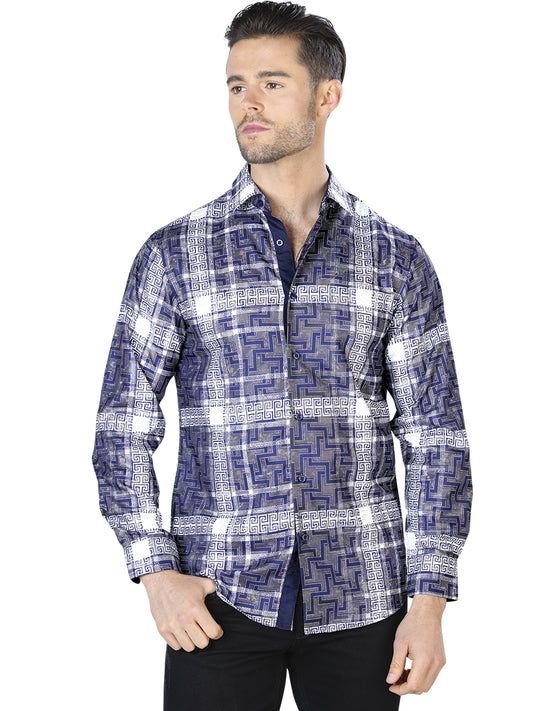 Camisa casual de manga larga azul y blanca 44007