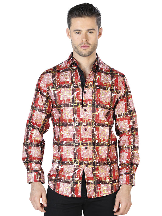 Camisa informal de manga larga en rojo y dorado 44011