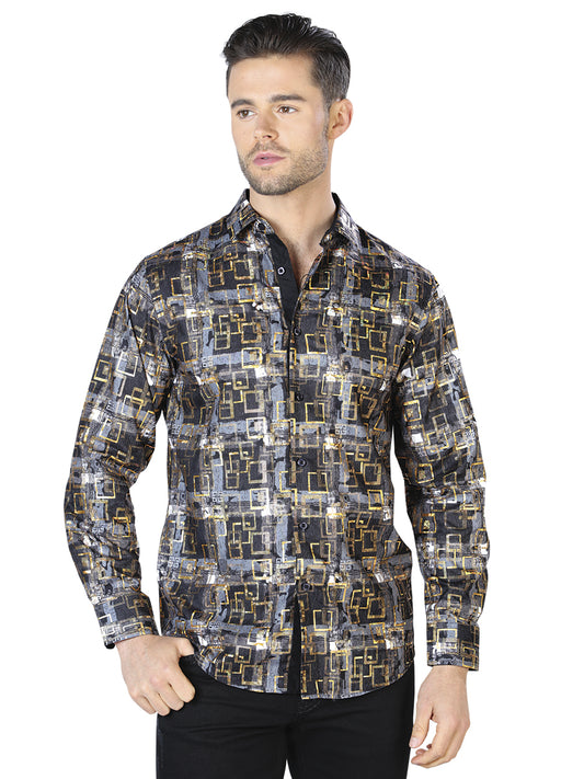 Camisa casual de manga larga negra y dorada 44013