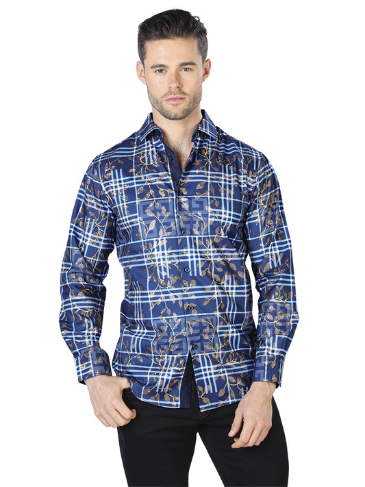 Camisa casual de manga larga con estampado azul y dorado 44020