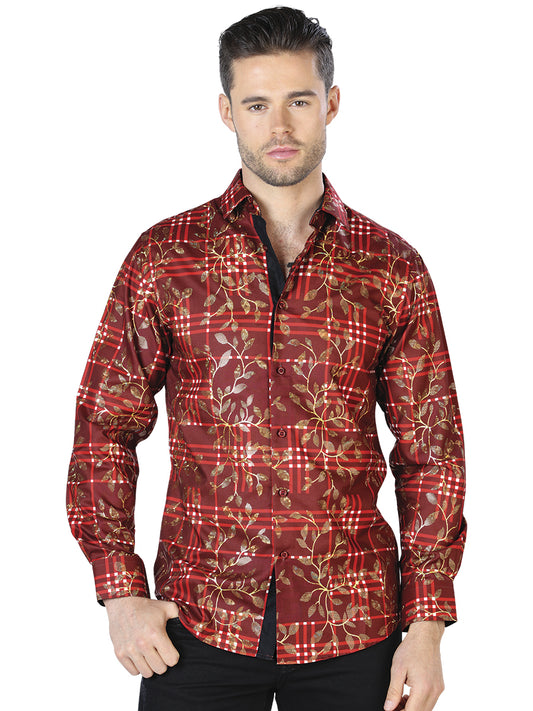 Camisa informal de manga larga en rojo y dorado 44021