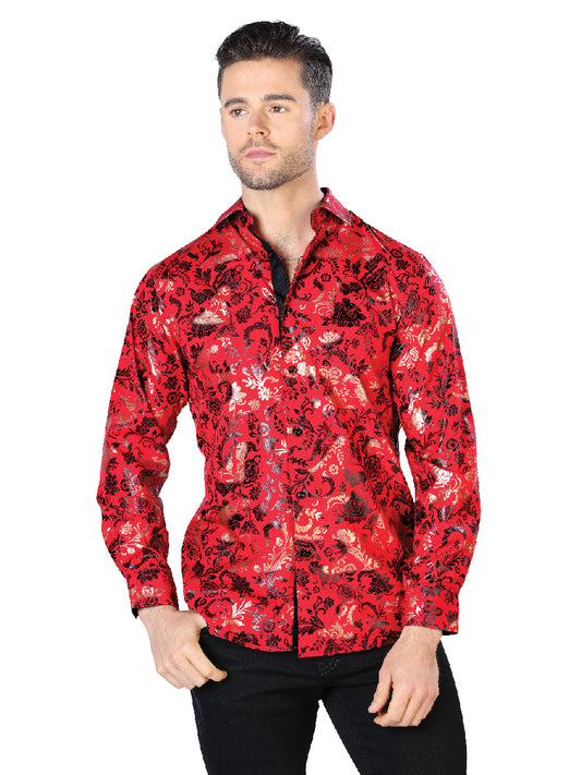 Camisa informal de manga larga roja y dorada 44031