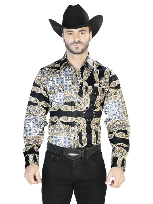 Camisa casual de manga larga negra y dorada 44070