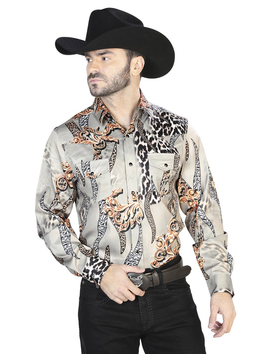 Camisa informal de manga larga color topo 44102