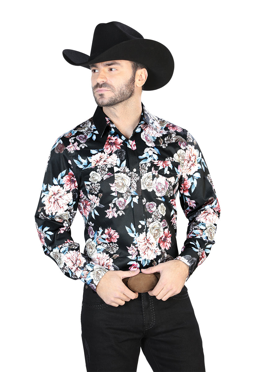 Camisa informal de manga larga con estampado de rosas en negro 44111