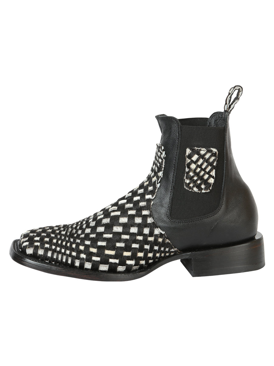 El General Men’s Rodeo Ankle Boots Woven Hair-On Leather - Black/White 45175