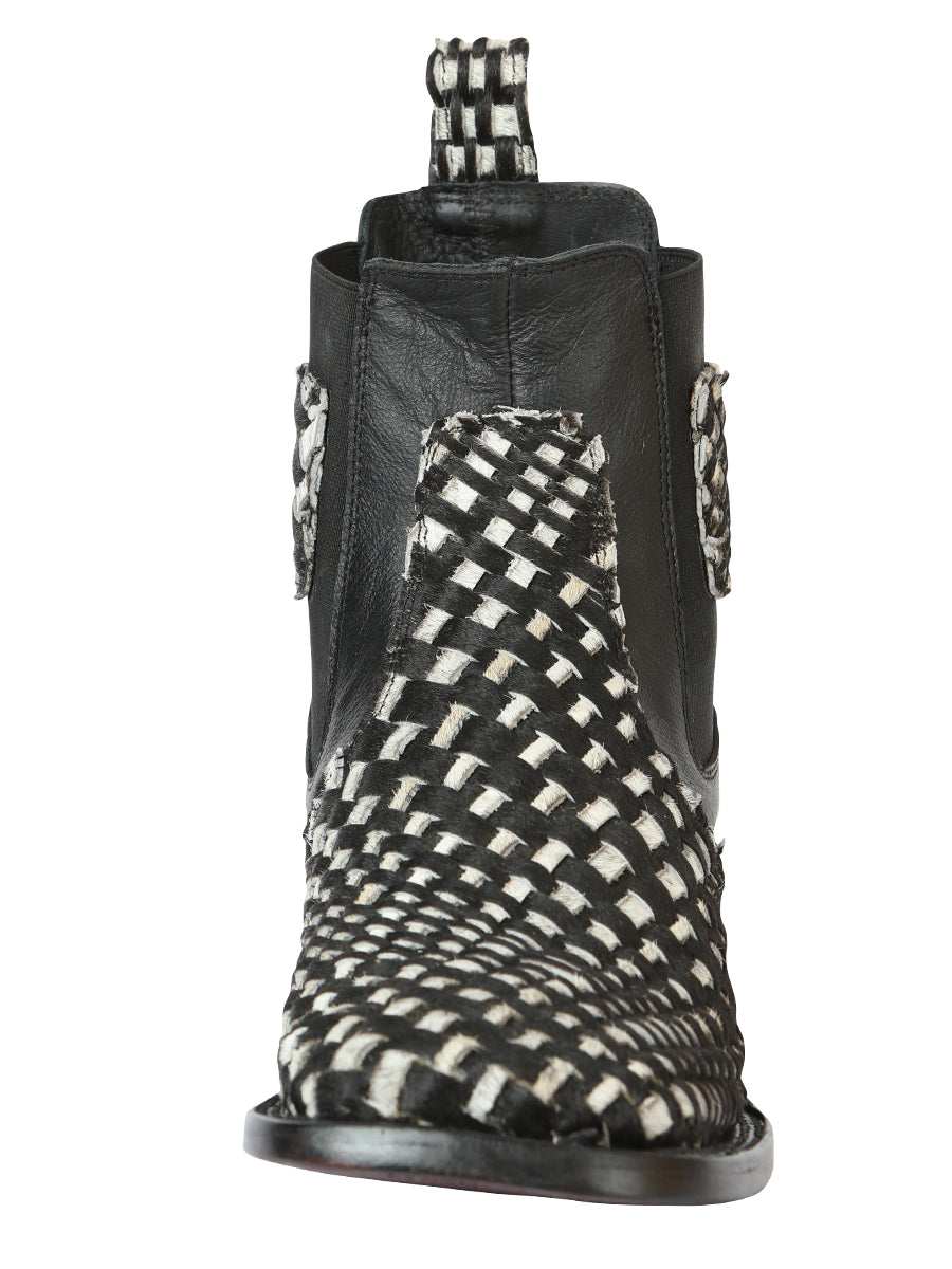 El General Men’s Rodeo Ankle Boots Woven Hair-On Leather - Black/White 45175