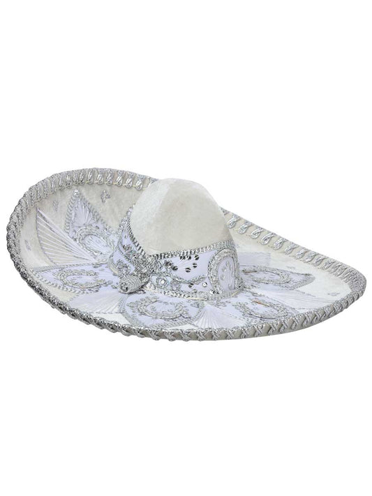 Sombrero Charro Mexicano Adulto Terciopelo Blanco/Plateado 600206
