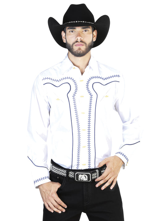 Camisa Charra Manga Larga Blanca y Azul 42549