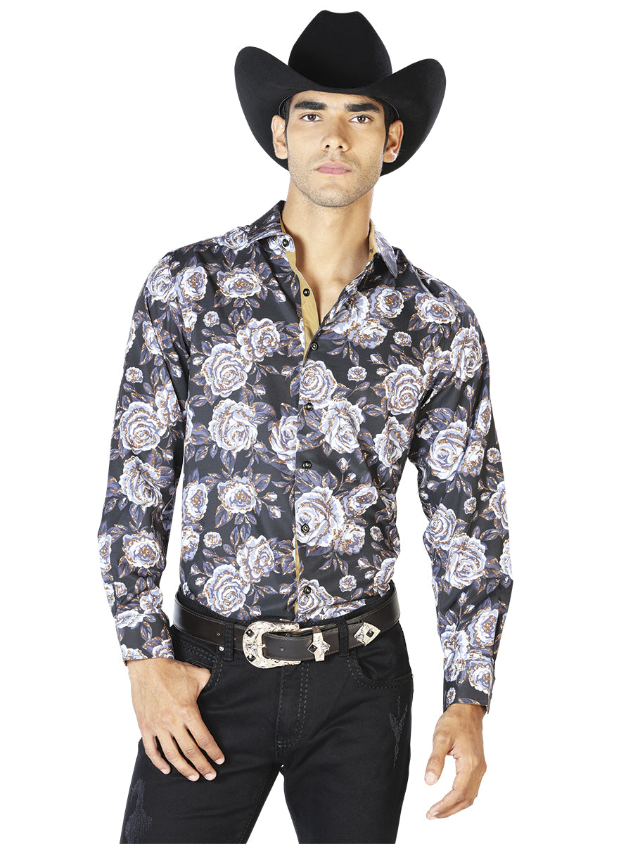 Camisa casual de manga larga negra y beige 43540
