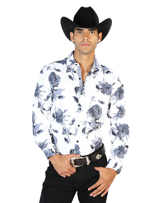 Camisa informal de manga larga con estampado de rosas blancas y grises 43559
