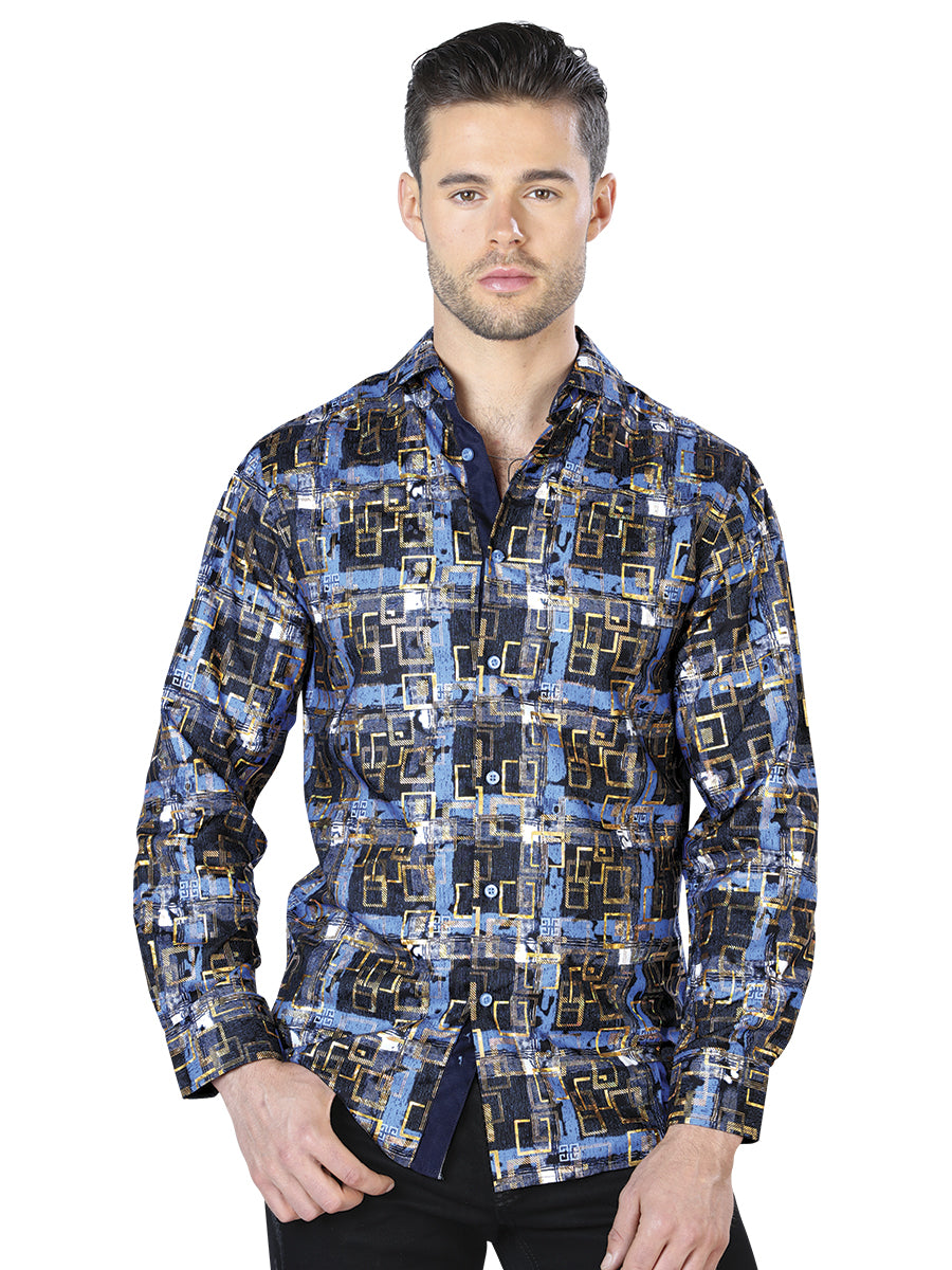 Camisa casual de manga larga azul y dorada 44012
