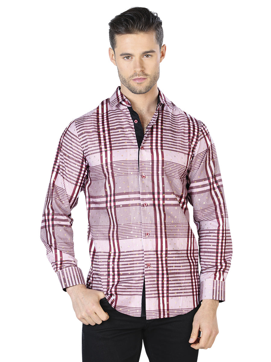 Wine And  White Casual Long Sleeve Shirt 44017
