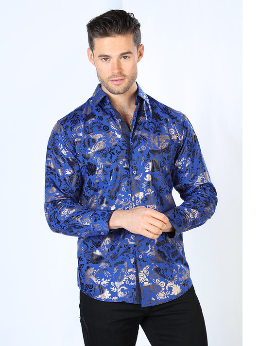 Camisa casual de manga larga azul y dorada 44029