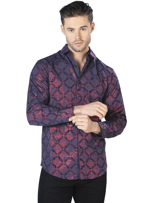 Wine And Black Casual Long Sleeve Shirt 44056