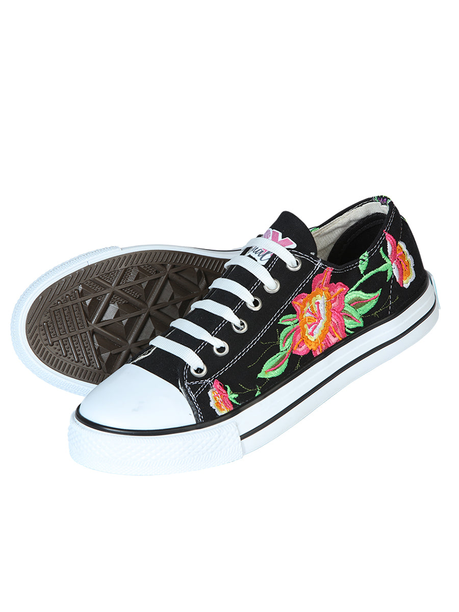 Artisanal Embroidered Sneakers Textile Canvas Black 602784